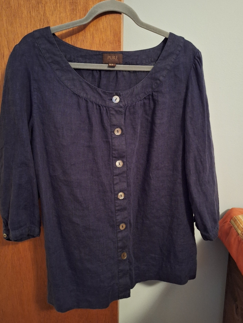 Pure Collection Navy Button-Front Linen Scoop Neck Blouse Women's Size 14/16